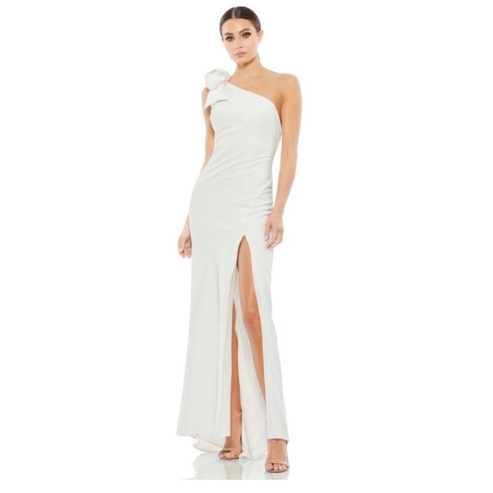 NWT IEENA Mac Duggal 26665 White One Shoulder Bow Gown Sz 14 - Wedding Dress